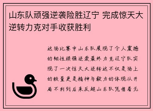 山东队顽强逆袭险胜辽宁 完成惊天大逆转力克对手收获胜利