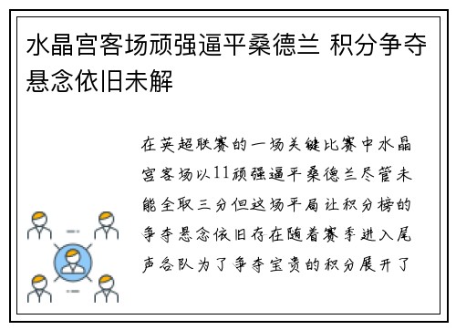 水晶宫客场顽强逼平桑德兰 积分争夺悬念依旧未解