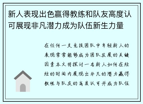 新人表现出色赢得教练和队友高度认可展现非凡潜力成为队伍新生力量
