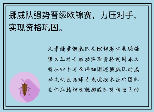 挪威队强势晋级欧锦赛，力压对手，实现资格巩固。