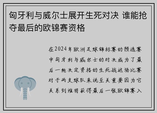 匈牙利与威尔士展开生死对决 谁能抢夺最后的欧锦赛资格