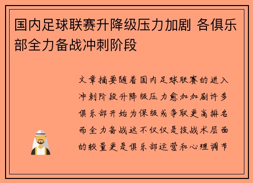 国内足球联赛升降级压力加剧 各俱乐部全力备战冲刺阶段