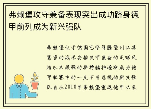弗赖堡攻守兼备表现突出成功跻身德甲前列成为新兴强队