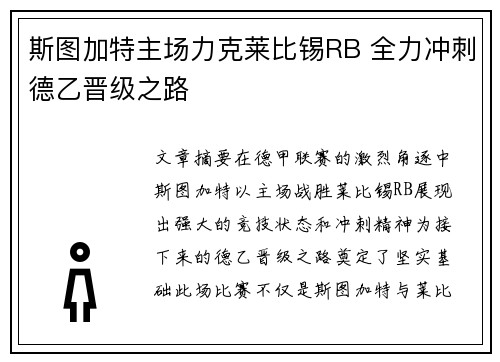 斯图加特主场力克莱比锡RB 全力冲刺德乙晋级之路