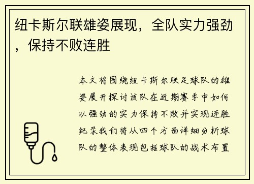 纽卡斯尔联雄姿展现，全队实力强劲，保持不败连胜