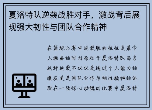 夏洛特队逆袭战胜对手，激战背后展现强大韧性与团队合作精神