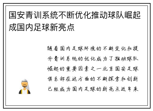 国安青训系统不断优化推动球队崛起成国内足球新亮点