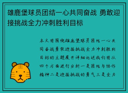 雄鹿堡球员团结一心共同奋战 勇敢迎接挑战全力冲刺胜利目标